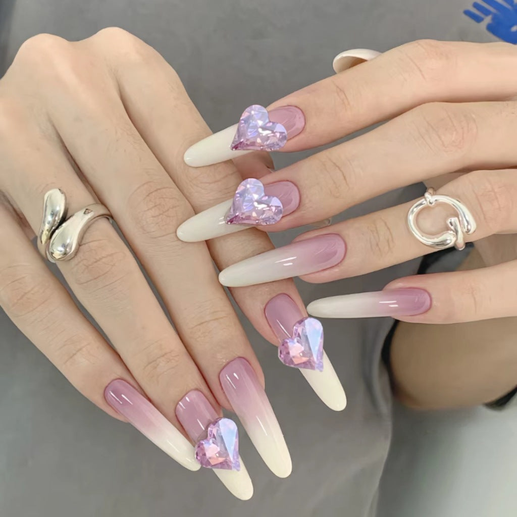 Romantic Dreamscape Long Oval Shaped Ombre Pink and White Press On Nail Set with Heart Gem Accents