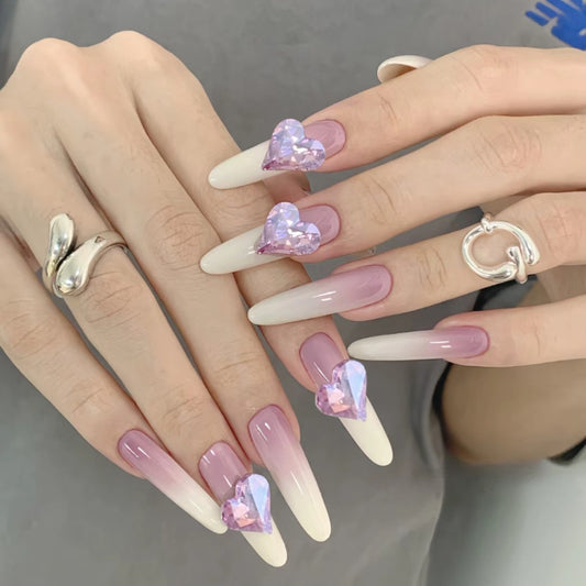 Romantic Dreamscape Long Oval Shaped Ombre Pink and White Press On Nail Set with Heart Gem Accents