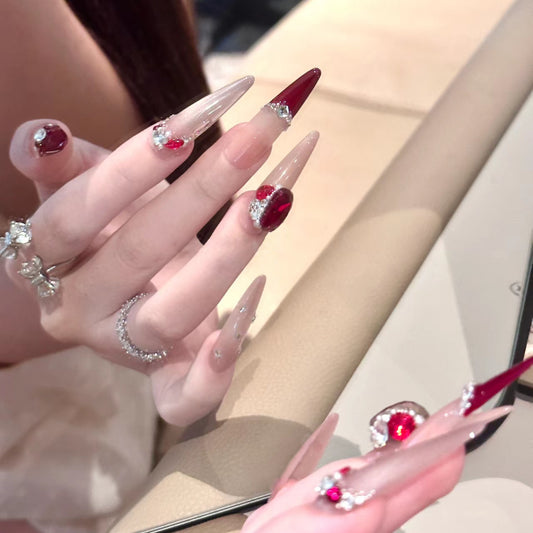 Glamorous Enchantment Long Stiletto Transparent and Deep Red with Dazzling Gemstone Accents Press On Nail Set