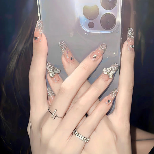 Glamourous Gala Long Coffin Beige Glitter Accent Butterfly Press On Nail Set