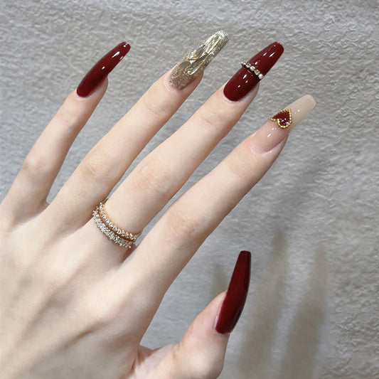 Elegant Affair Long Almond Burgundy and Beige Press On Nail Set with Glitter Accents and Rhinestone Embellishments