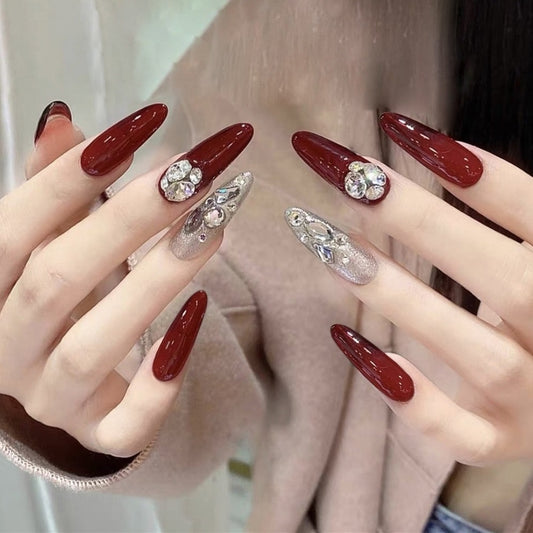 Elegant Glamour Long Almond Burgundy Press On Nail Set with Rhinestone Accents
