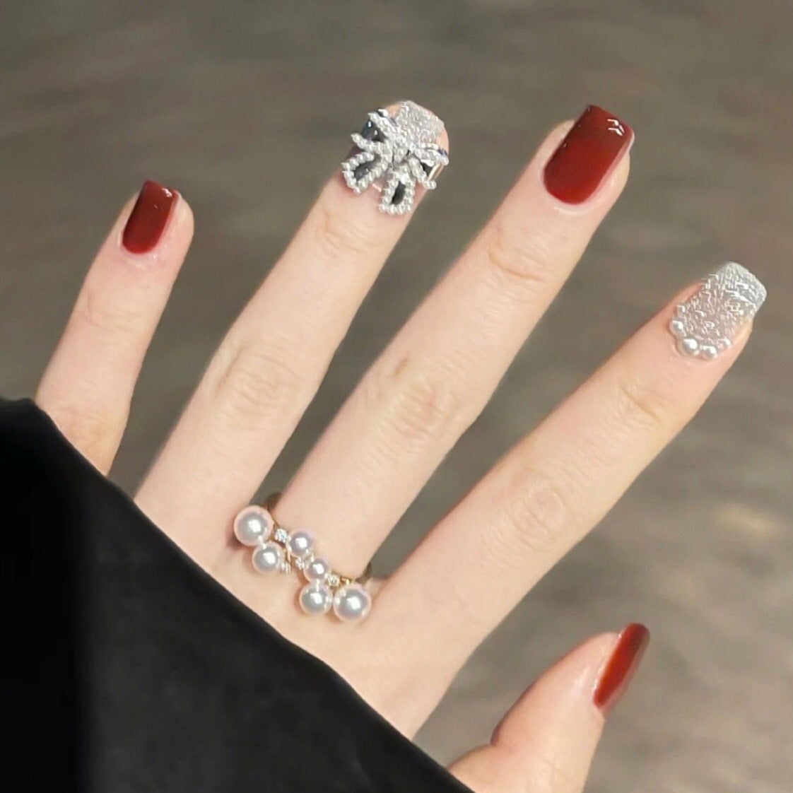 Glamour Elegance Short Square Burgundy Press On Nails with Silver Glitter Accents