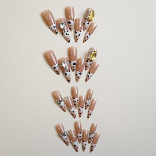 Chic Glamour Long Stiletto Coffin Beige with Colorful Gem Accents and Black Dot Design Press On Nail Set