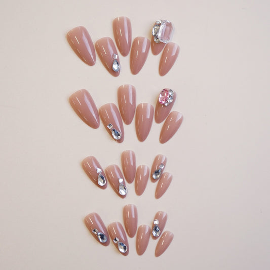 Chic Elegance Medium Almond Blush Pink Press On Nails with Sparkling Gemstones