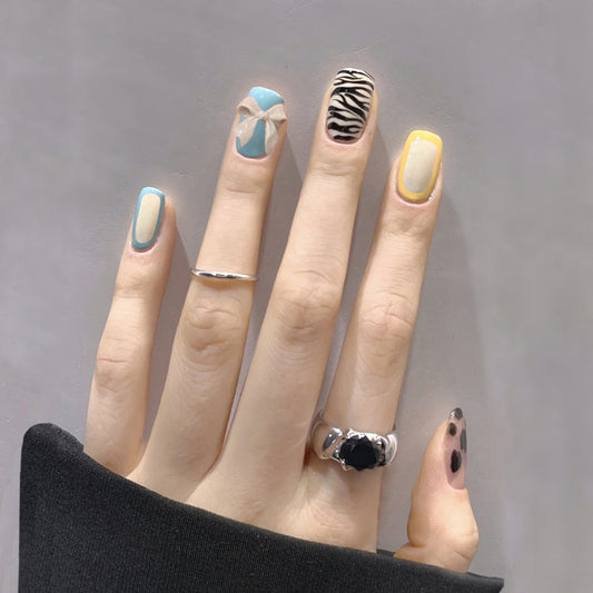 Safari Adventure Long Squoval Multicolor Press On Nail Set with Animal Print Accents