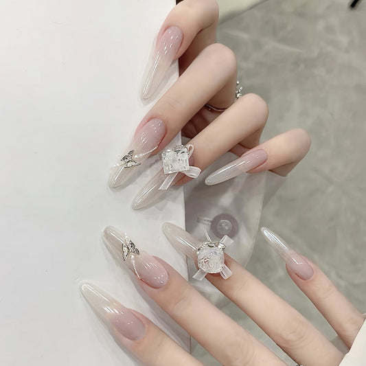 Elegant Crystal Dream Almond Ombre Press On Long Nail Set with Stunning Gemstone Accents
