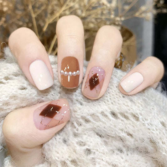 Autumn Elegance Medium Squoval Beige Glitter Accent Press-On Nail Set with Pearl Embellishments