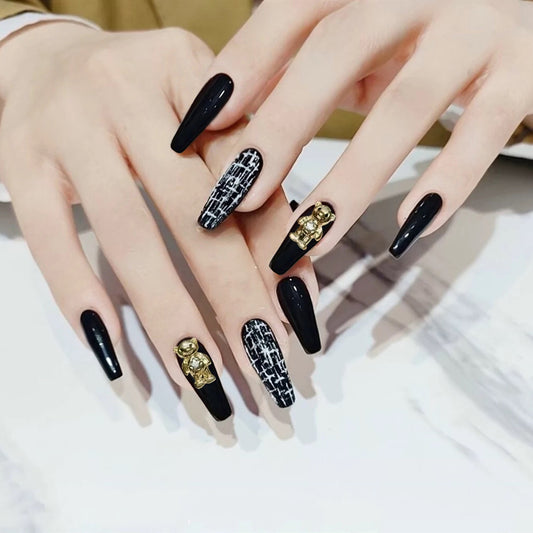Gothic Glamour Long Coffin Black Press On Nails with Golden Skull Accents and Checkerboard Detail
