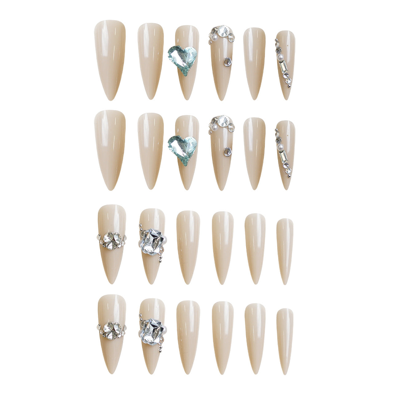 Glamorous Elegance Long Stiletto Press-On Nail Set in Beige with Stunning Gemstone Accents