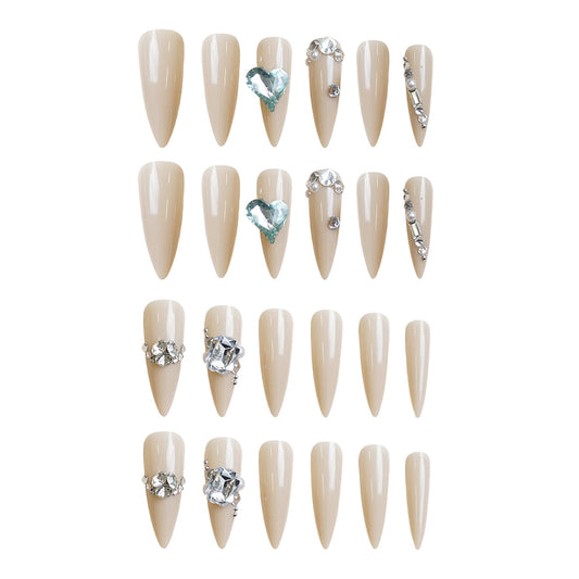 Glamorous Elegance Long Stiletto Press-On Nail Set in Beige with Stunning Gemstone Accents