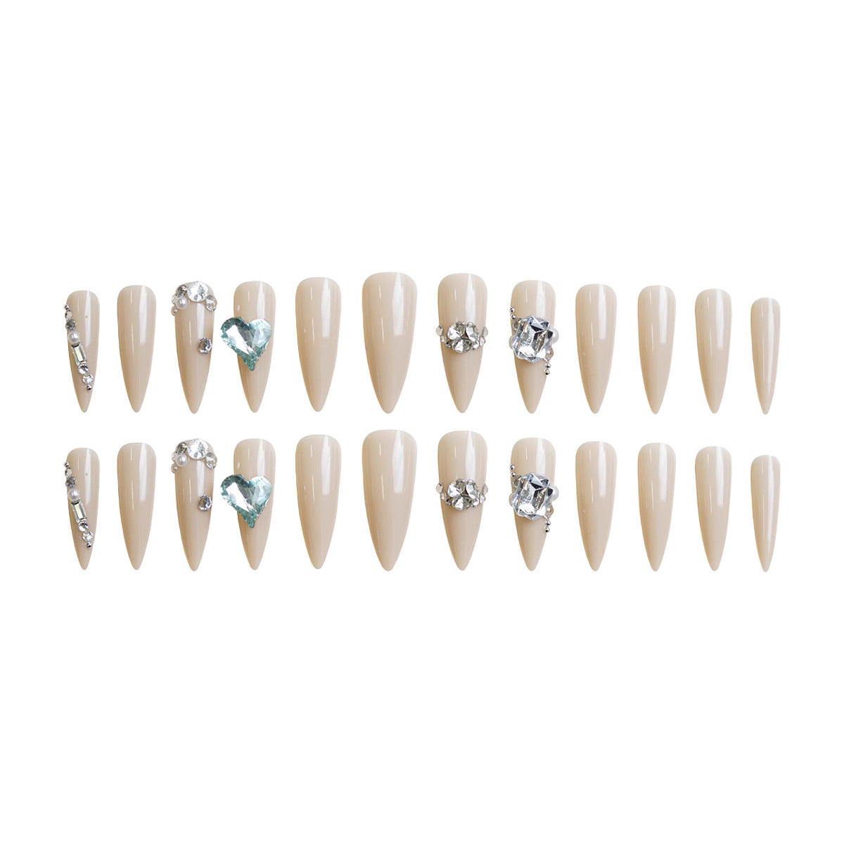 Chic Elegance Long Stiletto Beige Press On Nail Set with Glamorous Gemstone Accents