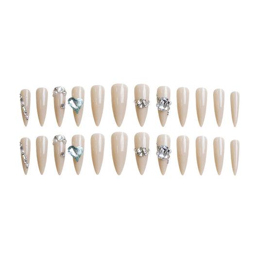 Chic Elegance Long Stiletto Beige Press On Nail Set with Glamorous Gemstone Accents