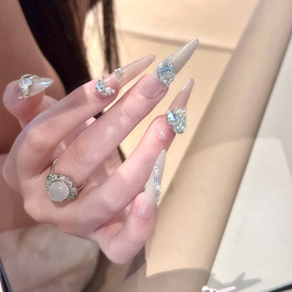 Glamorous Fairy Tale Long Stiletto Ombre Nail Set with Sparkling Gem Accents