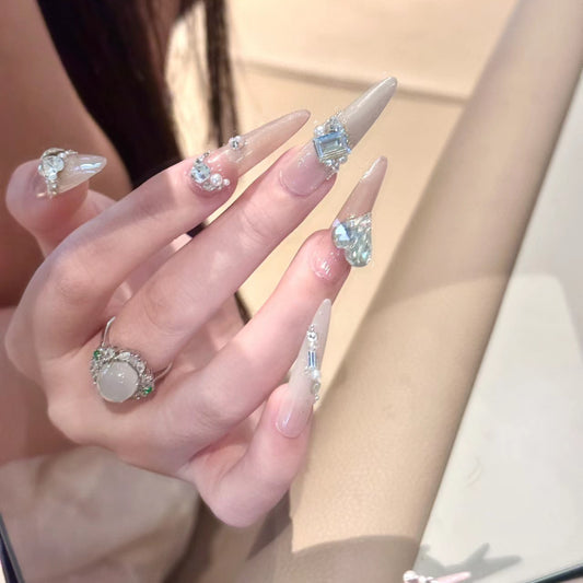 Glamorous Fairy Tale Long Stiletto Ombre Nail Set with Sparkling Gem Accents