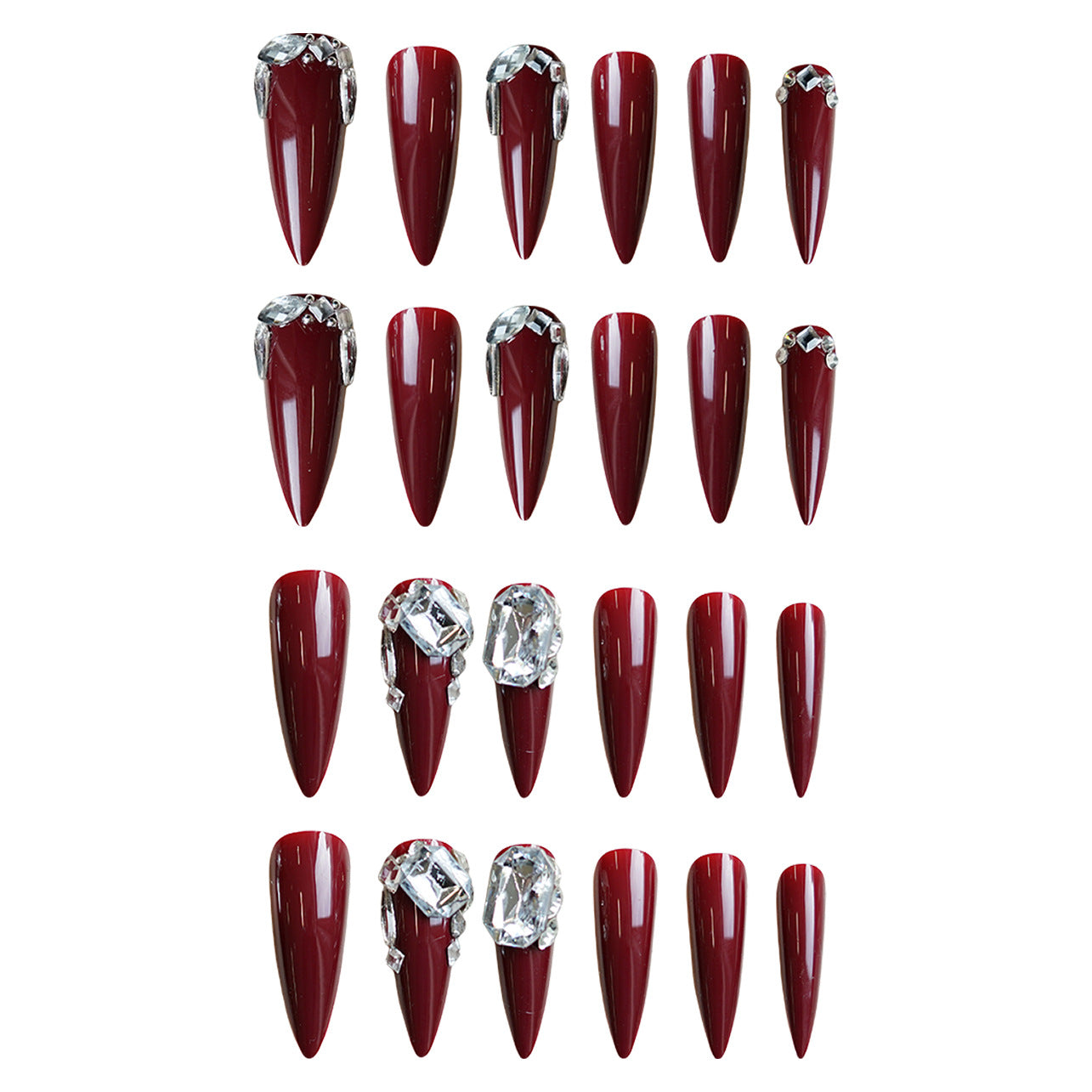 Glamorous Elegance Long Stiletto Burgundy Press On Nails with Stunning Rhinestone Accents