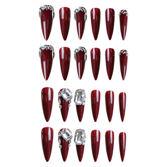 Glamorous Elegance Long Stiletto Burgundy Press On Nails with Stunning Rhinestone Accents