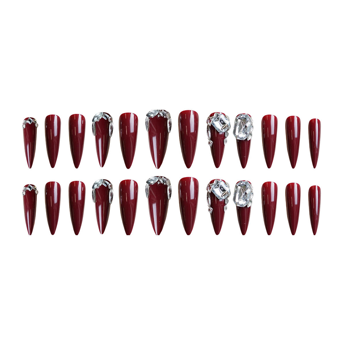 Glamorous Vampire Inspired Long Almond Shaped Deep Burgundy Press On Nail Set with Stunning Gemstone Accents