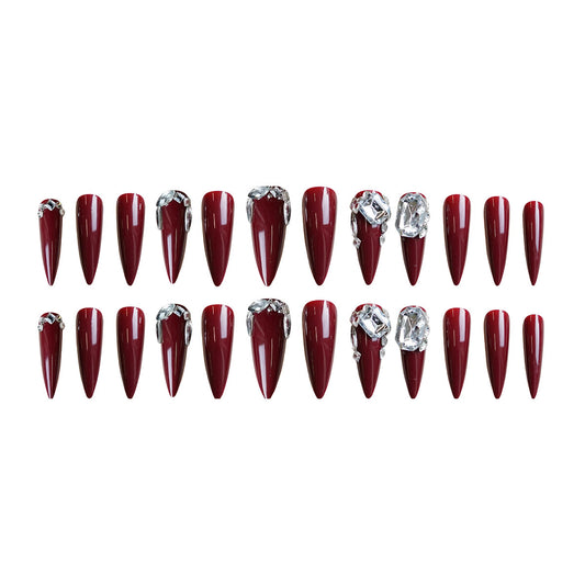 Glamorous Vampire Inspired Long Almond Shaped Deep Burgundy Press On Nail Set with Stunning Gemstone Accents