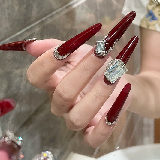 Glamorous Red Long Almond Press On Nail Set with Stunning Gemstone Accents