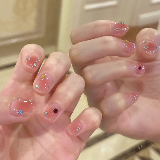 Whimsical Garden Press On Short Nail Set Oval Pink with Glittering Gem Accents