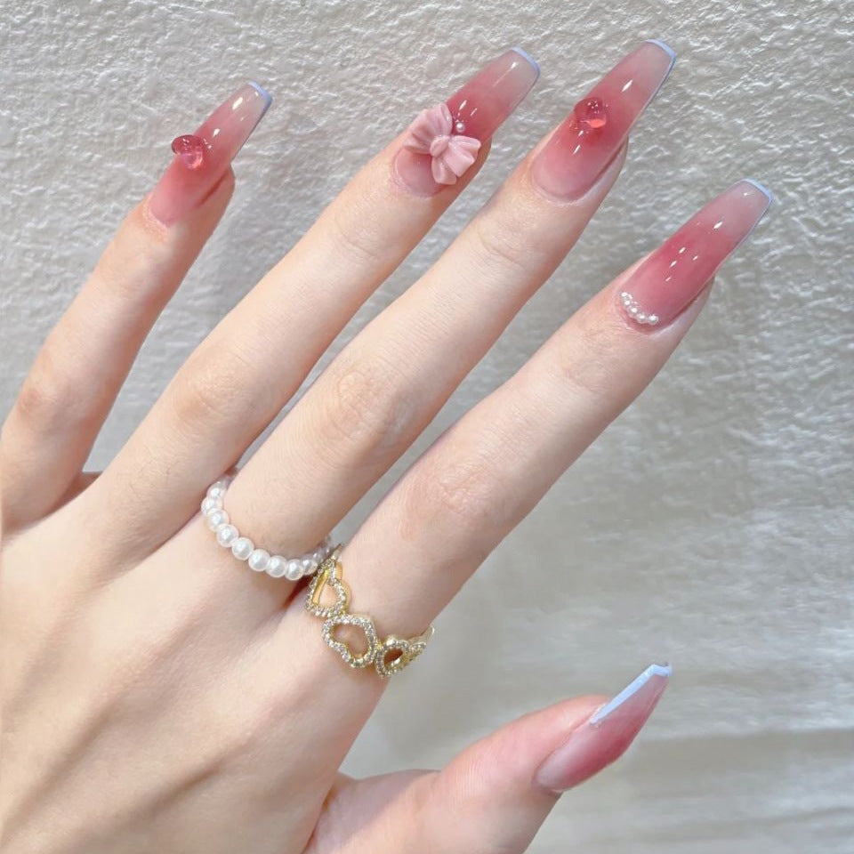 Sakura Blossom Long Coffin Ombre Pink Press On Nail Set with 3D Flower Charms
