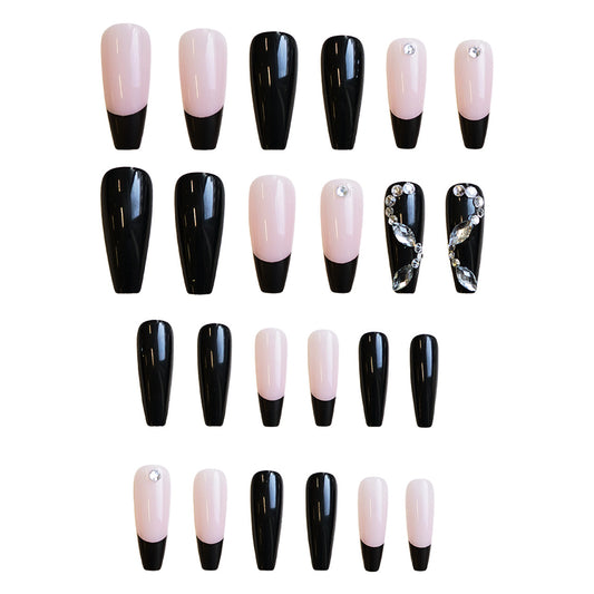 Glamorous Twilight Long Coffin Pink and Black Press On Nail Set with Sparkling Accents