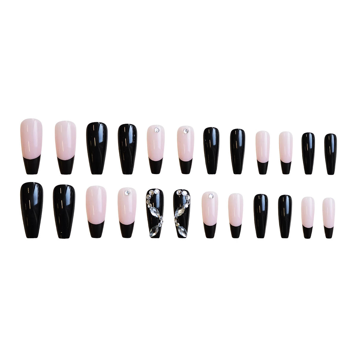 Glamorous Night Out Elegant Long Coffin Shape Blush Pink and Black Press On Nail Set with Sparkling Accents