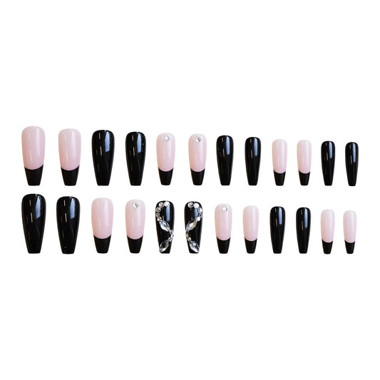 Glamorous Night Out Elegant Long Coffin Shape Blush Pink and Black Press On Nail Set with Sparkling Accents