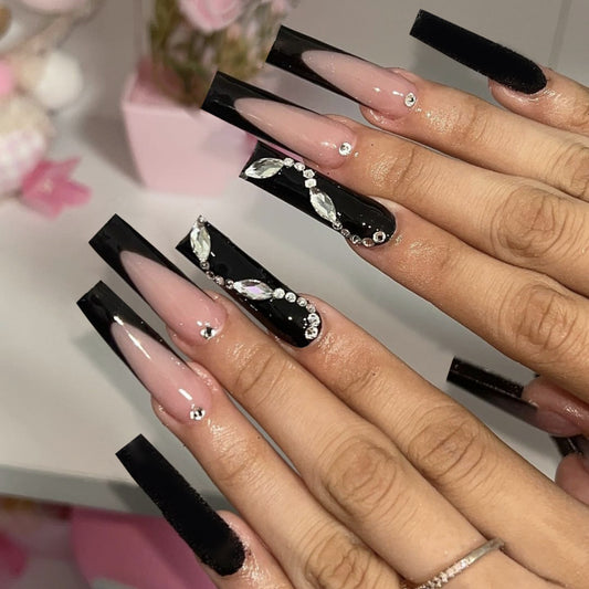 Glamorous Evening Elegance Long Square Shaped Black and Pink Press On Nail Set with Crystal Embellishments