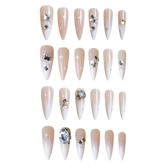 Celestial Elegance Medium Stiletto Almond Beige with Shimmering Gemstone Accents