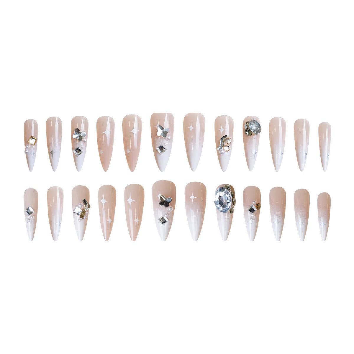 Celestial Glamour Elegant Medium Stiletto Shape Soft Beige Color with Dazzling Gemstone Accents Press On Nail Set