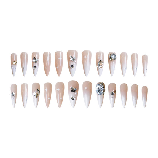 Celestial Glamour Elegant Medium Stiletto Shape Soft Beige Color with Dazzling Gemstone Accents Press On Nail Set