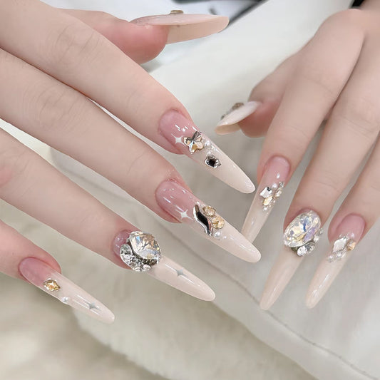 Glamorous Elegance Long Stiletto Beige Press On Nail Set with Stunning Rhinestone Accents