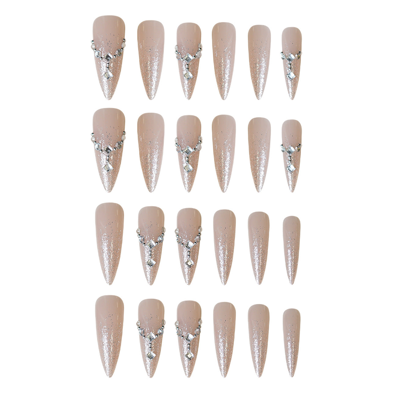 Chic Elegance Medium Almond Beige Nails with Sparkling Silver Accents and Unique Rhinestone Detailing