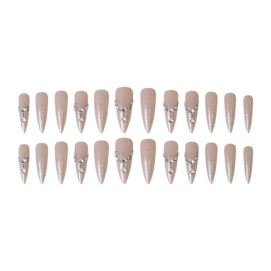 Glamorous Elegance Medium Stiletto Beige Press On Nail Set with Sparkling Accent Embellishments