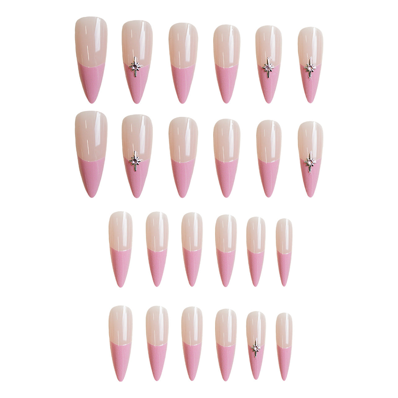 Glamorous Elegance Long Almond Pink Ombre Press On Nail Set with Sparkling Baguette Accent