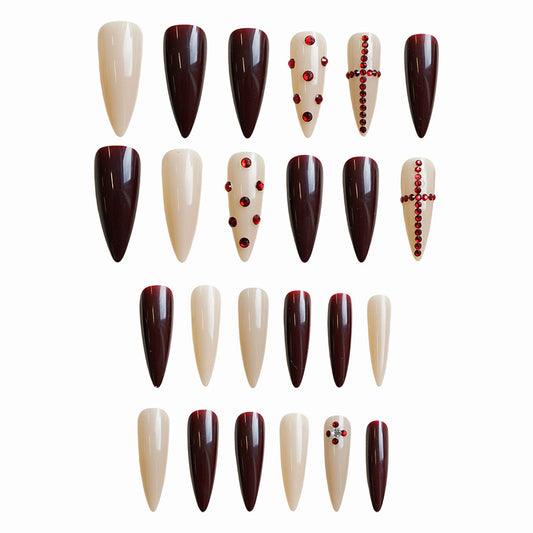 Gothic Elegance Long Almond Burgundy and Cream Press On Nails with Rhinestone Accents