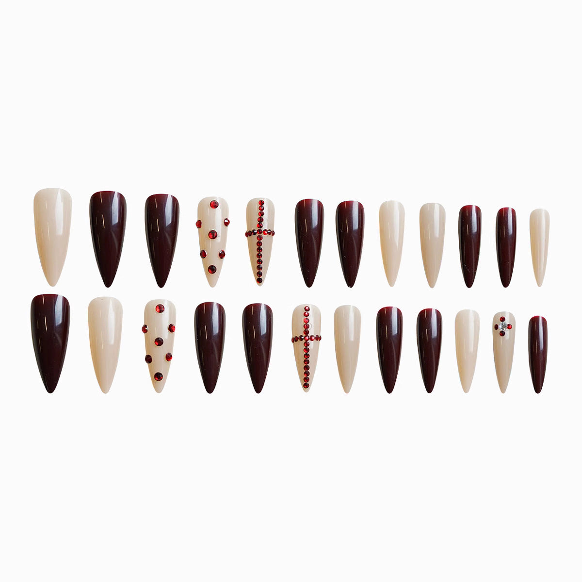 Gothic Elegance Stiletto Long Almond Burgundy and Beige Press on Nail Set with Decorative Gemstones