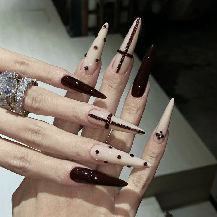 Gothic Elegance Extra Long Stiletto Almond Red and Brown with Glamorous Crystal Accents Press On Nail Set