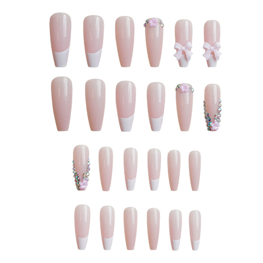 Charming Blossom Fantasy Long Coffin Pink Press On Nail Set with Elegant Floral and Gem Decorations