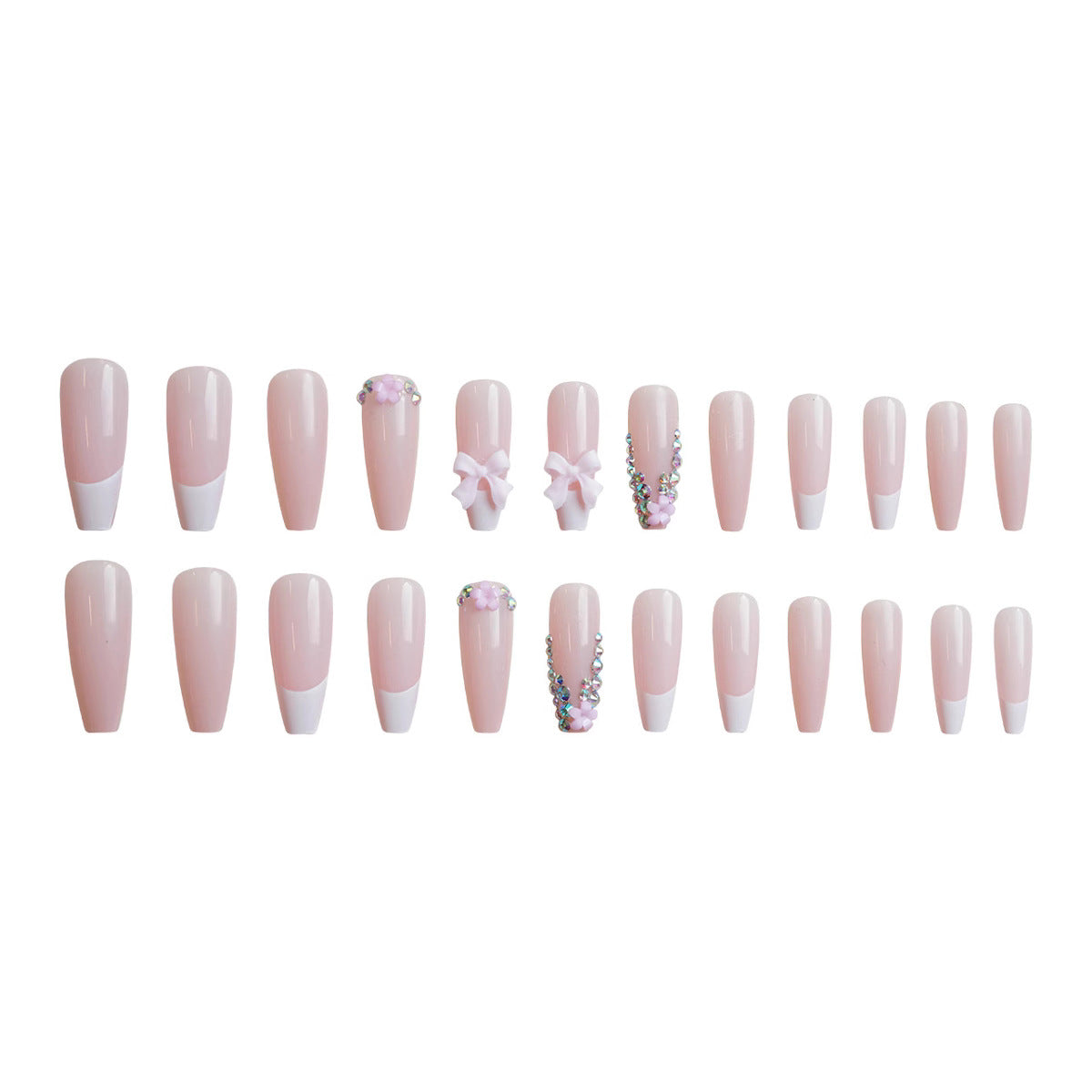 Whimsical Elegance Long Coffin Pink Press On Nail Set with White Tips and Floral Accents