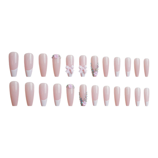 Whimsical Elegance Long Coffin Pink Press On Nail Set with White Tips and Floral Accents