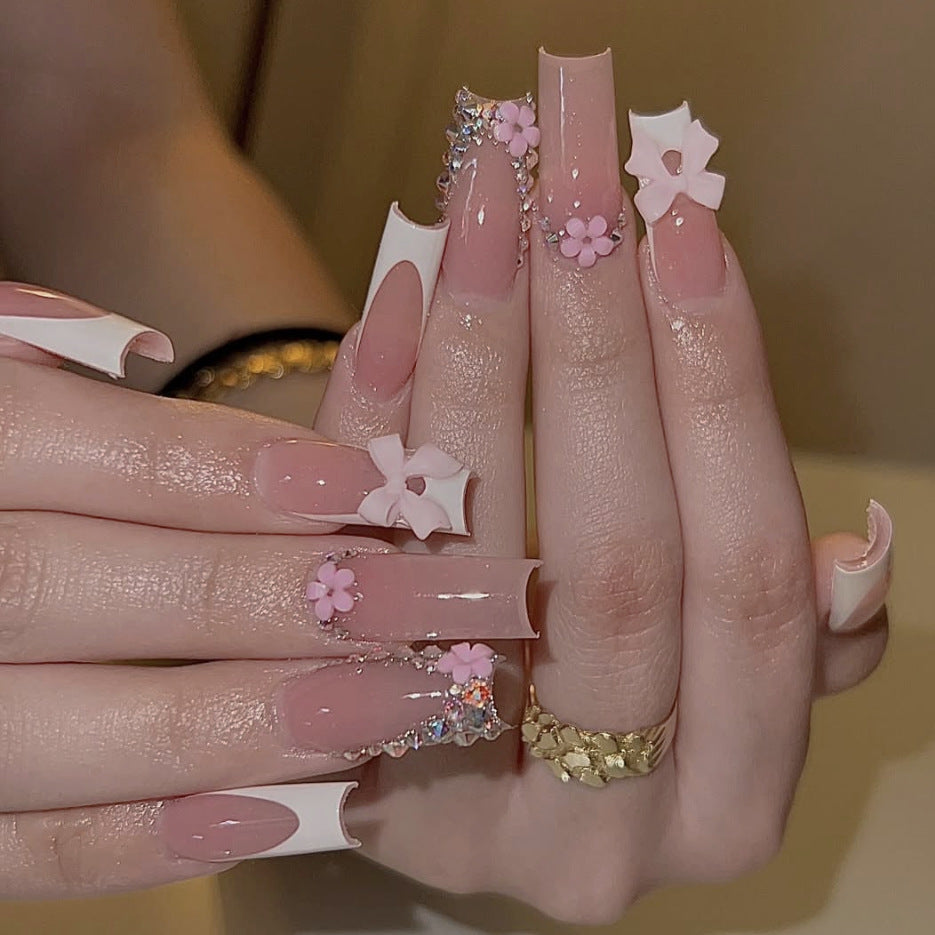 Floral Fantasy Long Square Pink Press On Nail Set with Charming Flower Accents and Eye-Catching Glitter