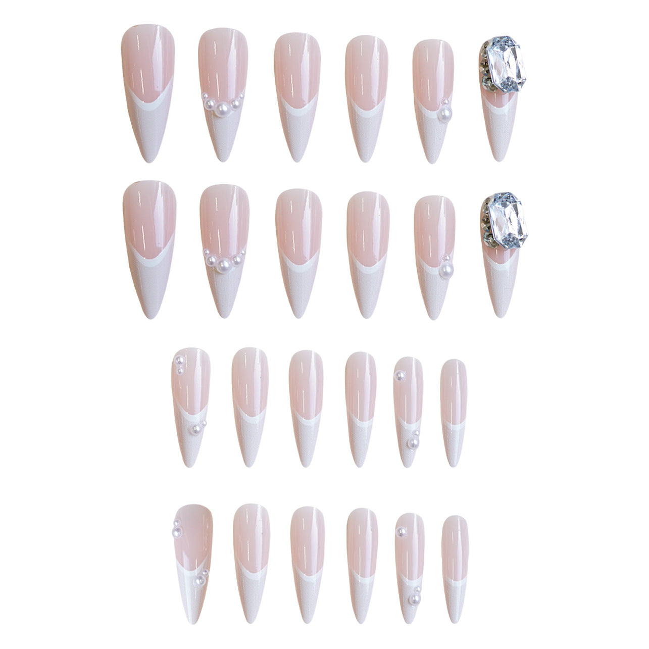 Elegant Fantasy Long Almond Press On Nail Set in Soft Pink and White with Chic Gemstone Accents