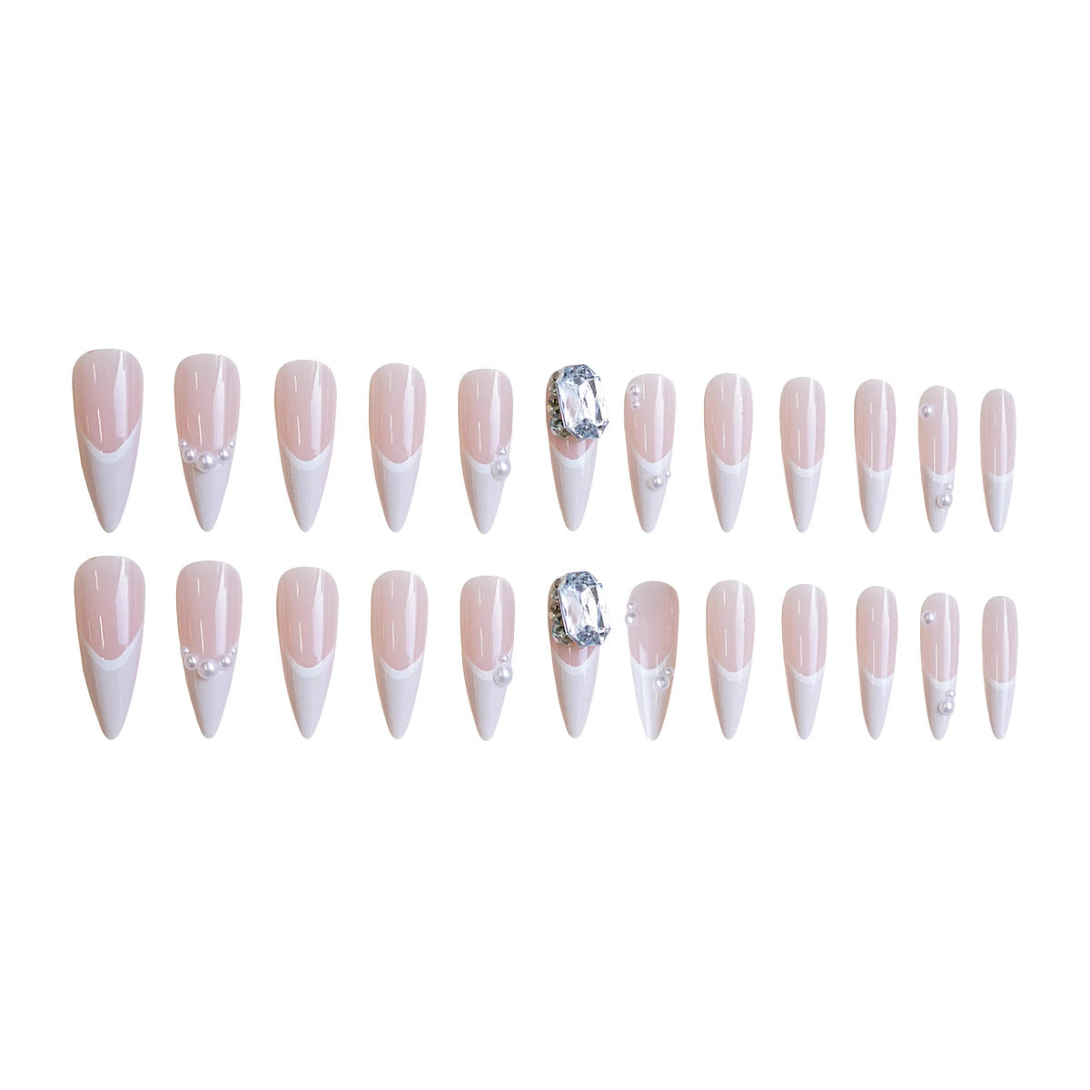 Elegant Dreamy Long Almond Shaped Blush Pink Press On Nail Set with Sparkling Gemstone Accents