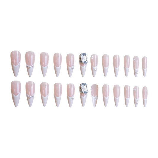 Elegant Dreamy Long Almond Shaped Blush Pink Press On Nail Set with Sparkling Gemstone Accents