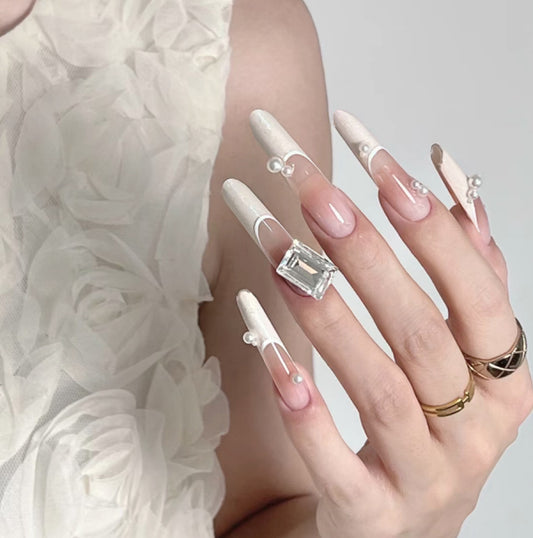 Elegant Evening Glamour Long Oval White Design with Pearl and Jewel Accents
