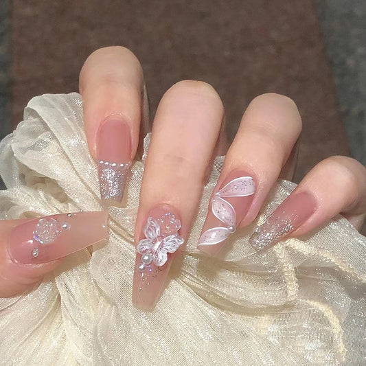 Elegant Bridal Extra Long Coffin Beige Press On Nails with 3D Butterfly Accents and Glitter Details