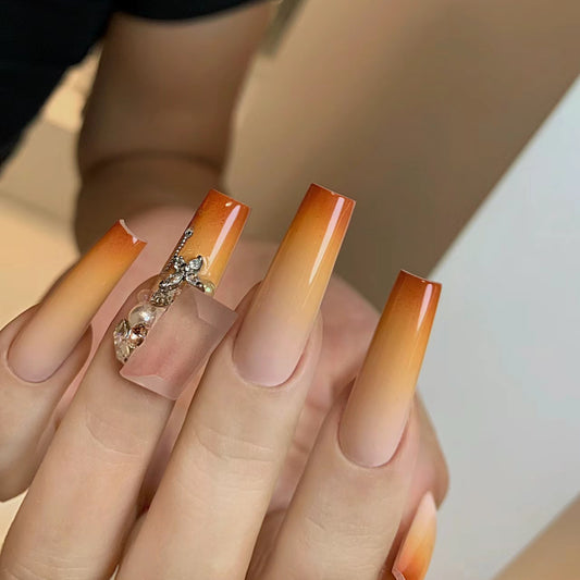 Glamorous Sunset Dream Long Coffin Orange Ombre Press On Nail Set with Pearl Accents